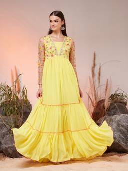 Miss Chase - Yellow Georgette Embroidered Maxi Ethnic Dress