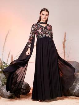 Miss Chase - Black Chiffon Embroidered Maxi Ethnic Dress with Dupatta