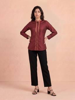 Aarke Ritu Kumar - Wine Polyester Embroidered Shirt