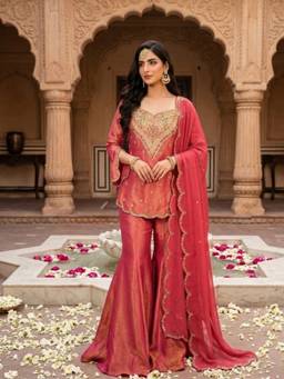 TWINS LADY - Red Silk Blend Embroidered Kurti Sharara with Dupatta