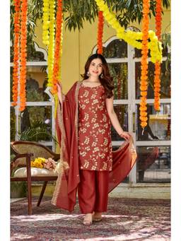 TWINS LADY - Red Chiffon Embroidered Kurta Palazzo with Dupatta
