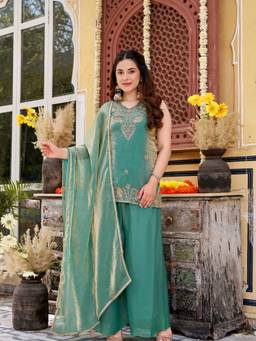 TWINS LADY - Green Rayon Embroidered Tunic Palazzo with Dupatta