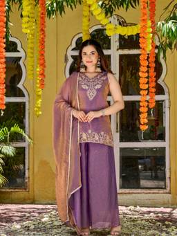TWINS LADY - Purple Rayon Embroidered Tunic Palazzo with Dupatta