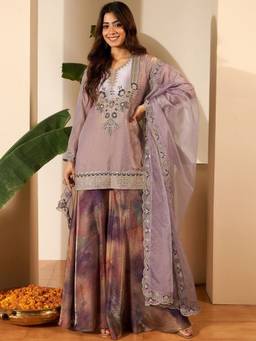 TWINS LADY - Lavender Satin Embroidered Kurti Palazzo with Dupatta