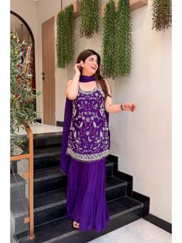 TWINS LADY - Purple Silk Blend Embroidered Kurta Sharara with Dupatta