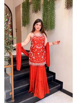 TWINS LADY - Rust Silk Blend Embroidered Kurta Sharara with Dupatta
