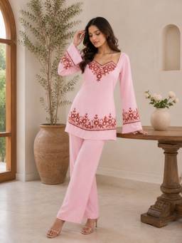 TWINS LADY - Pink Georgette Embroidered Tunic With Palazzo
