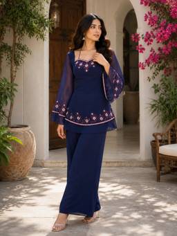 TWINS LADY - Purple Georgette Embroidered Tunic With Palazzo