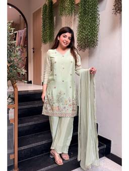 TWINS LADY - Green Crepe Embroidered Kurti Palazzo with Dupatta