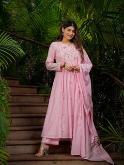 TWINS LADY - Pink Silk Embroidered Anarkali Kurta Pant with Dupatta