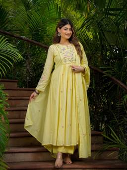 TWINS LADY - Yellow Silk Embroidered Anarkali Kurta Pant with Dupatta