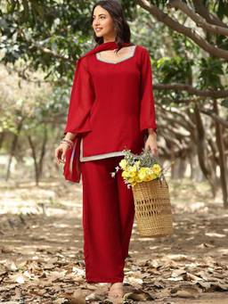 TWINS LADY - Red Georgette Solid/Plain Kurti Pant with Dupatta