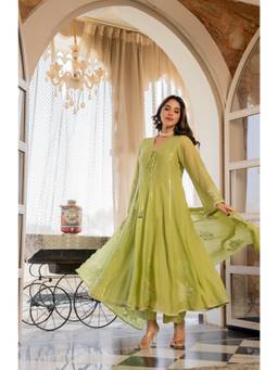 TWINS LADY - Green Chanderi Embroidered Anarkali Kurta Pant with Dupatta