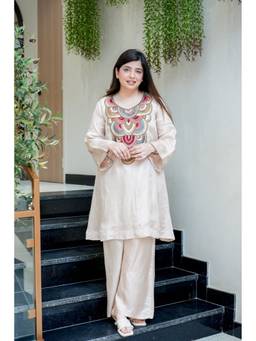 TWINS LADY - Cream Crepe Embroidered Kurta With Palazzo