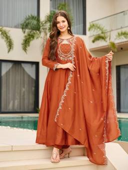 TWINS LADY - Orange Chanderi Embroidered Anarkali Kurta Pant with Dupatta