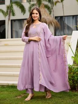 TWINS LADY - Pink Chanderi Embroidered Anarkali Kurta Pant with Dupatta