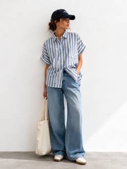Obleka - Blue Half-Sleeve Double Cotton Gauze Shirt