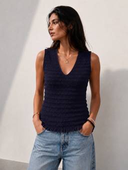 Obleka - Navy Blue Sleeveless Smocked Top