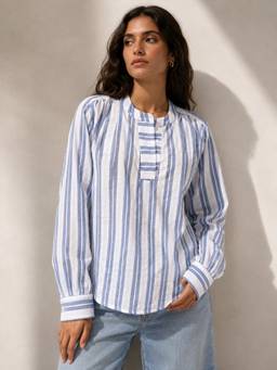 Obleka - Blue Striped Cotton Linen Tunic Top with Lace