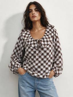 Obleka - Brown Plaid Cotton Ruffle Top