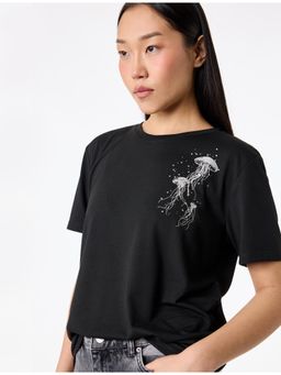 Koton - Jellyfish Graphic Print T-Shirt - Black