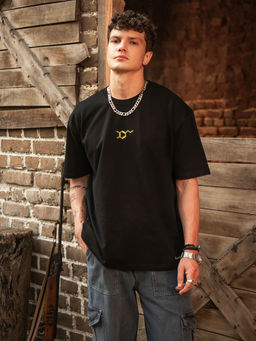 Louis Stitch - Black Oversized Half Sleeves Pure Rich Cotton Rock Ballad Genre T-Shirt