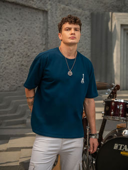 Louis Stitch - Prussian Blue Oversized Half Sleeves Pure Rich Cotton Rock Ballad Genre T-Shirt