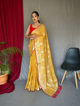 EXCLUSIVA - Yellow Woven Cotton Linen Saree with Unstitched Blouse