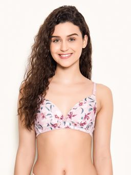 Clovia - Polyamide Printed Padded Demi Cup Wire Free Plunge Bra - Light Pink