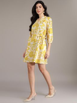 Xpose - Women Yellow Viscose Rayon Floral Knee Length Dress