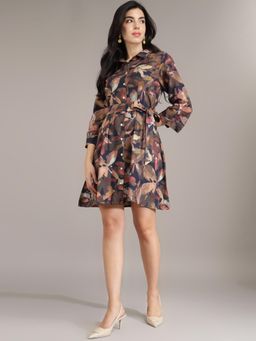 Xpose - Women Brown Polyester Floral Knee Length Dress with Belt (Set of 2)