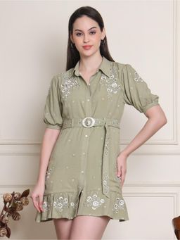 KELIN - Women Green Viscose Rayon Floral Mini Dress with Belt (Set of 2)