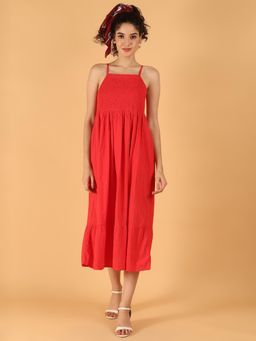 NOBARR - Women Red Cotton Solid Midi Dress