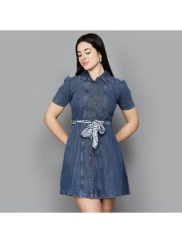 Xpose - Women Navy Blue Cotton Solid Mini Dress with Belt (Set of 2)