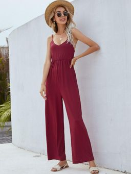 Oh Rare - V-Neck Long Skirt Solid Color Women's Jumpsuit
