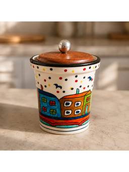 nestcase - Hand-Painted Ceramic Storage Jar Wooden Lid 700 ml Multicolour