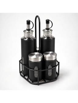 nestcase - Oil, Vinegar, Salt & Pepper Dispenser Set 5 Pieces Metal Caddy Black