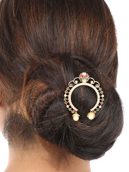 Yellow Chimes - Ad Floral Design Gold Plated Bridal Ambada Juda Pin for Women