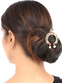 Yellow Chimes - Ad Floral Design Gold Plated Bridal Ambada Juda Pin for Women