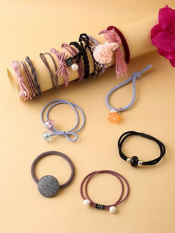 Yellow Chimes - Women Purple & Pink Set of 16 Elastic Ponytail Holders with Storage Box