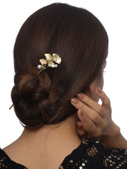 Yellow Chimes - Gold-Plated Hair Stick with Pearl Beads Juda Pin