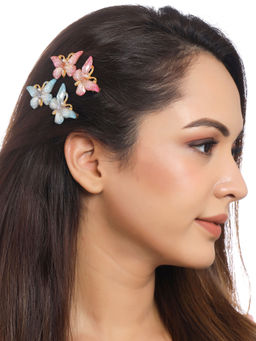 Yellow Chimes - Women Pink & Blue Pack of 2 Butterfly Embellished Claw Clip