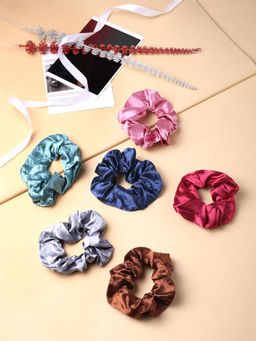 Yellow Chimes - Women Set of 6 Metallic Colour Satin Scrunchies