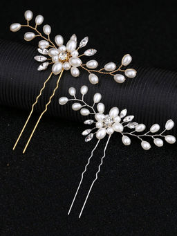 Yellow Chimes - Gold Silver Toned Floral Bride Hairpin Juda Pins Hair Bun Pin