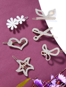 Yellow Chimes - 6 Pcs Hair Clips for Women Crystal Pearl Party Wear Fancy Hairpins