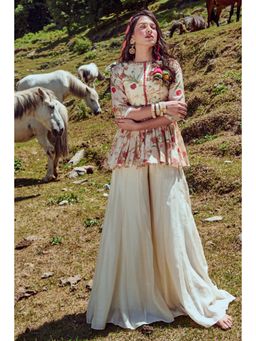 Paulmi & Harsh - Ivora Women Cotton Silk Floral Ivory Top And Palazzo
