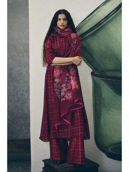 Paulmi & Harsh - Noka Women Silk Checks Maroon Kurta With Pant And Scarf