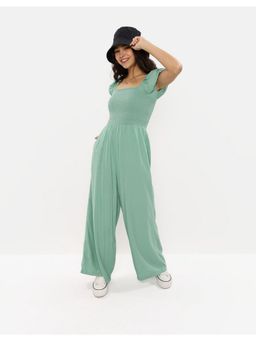 American Eagle - Women Green Smocked Puff Sleeve Jumpsuit