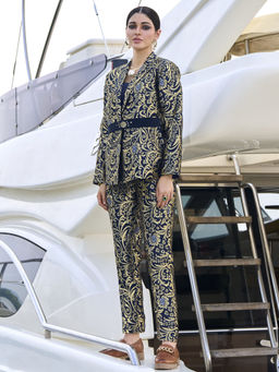 MOJILAA - Women Navy Blue Jacquard Brocade Woven Design Festive and Party Co-Ord (Set of 4)