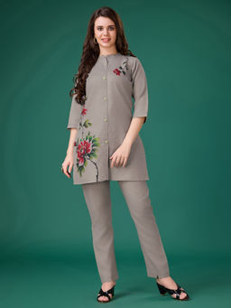 MOJILAA - Women Grey Linen Floral Print Causal Co-Ord (Set of 2)